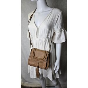 Tom Clovers tan faux leather braided tassel‎ saddle crossbody purse bag